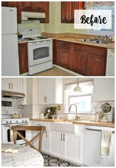 before and after pictures of a kitchen with white appliances