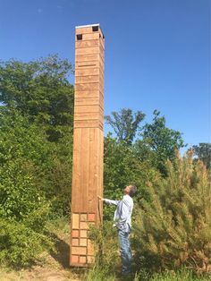 a man standing next to a tall wooden tower in the middle of a lush green field