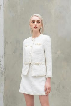 Classic Tweed Skirt For Spring, Spring Classic Tweed Skirt, Classic Spring Tweed Skirt, Elegant White Tweed Skirt, Elegant Tweed Skirt For Spring, Elegant Beige Tweed Skirt, Fitted White Tweed Skirt, Fitted Tweed White Skirt, Elegant White Tweed Jacket