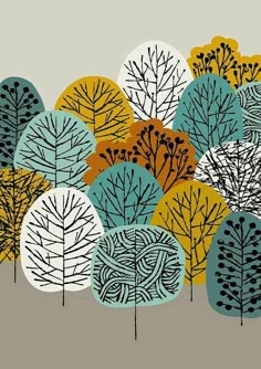 an abstract painting of trees with yellow, blue and green leaves on them in various colors