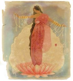 a painting of a woman in a pink dress standing on a flower with pearls around her neck