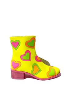 Neon Yellow & Rainbow Heart to Heart Ankle Boot - Unique Vintage - Womens, SHOES, BOOTS Kawaii Poses, Heart To Heart, Retro Shoes, Rainbow Heart, 2 Inch Heels, Neon Yellow, Vintage Shoes, Holiday Fashion, Chic Look