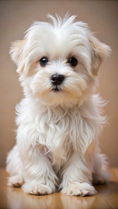 a small white dog sitting on top of a wooden floor next to a brown wall