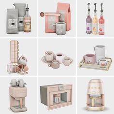 there are many different types of kitchen appliances in this set, including tea kettles, coffee maker, soap dispenser and more