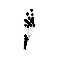 the silhouette of a person holding balloons is shown in this black and white photo,