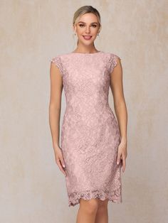 Dusty_Rose Mother Of The Bride Looks, Lace Wedding Guest Dress, Knee Length Lace Dress, Dusty Rose Dress, Lace Neckline, Cap Dress, Sleeves Dress, Mother Of The Bride Dress, Bride Look