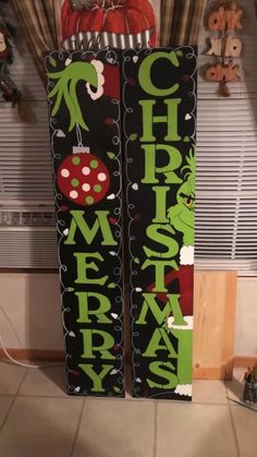 two christmas stockings with the word merry written on them