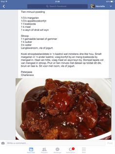 a bowl filled with meat covered in sauce on top of a table next to a facebook page