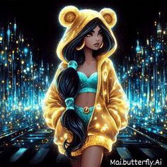 a painting of a girl in a teddy bear outfit with long black hair and glowing lights behind her