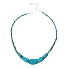 Jay King Sterling Silver Azure Peaks Turquoise 18" Necklace  The Azure Peaks Mongolian turquoise stones in this beaded necklace boast a beautiful blue-green color that's perfect for pairing with day or evening outfits. From Jay King.        Approx. 18"L x 11/16"W with 2-3/4" extender     Stamped .925     Hook closure     Necklace drape has five freeform turquoise stations strung together     Round turquoise beads complete necklace   Stone Information       All sizes and weights approximate     S Necklace Stone, Color Bands, Turquoise Stones, Evening Outfits, Beading Wire, Mongolia, Turquoise Beads, Turquoise Stone, Stone Necklace