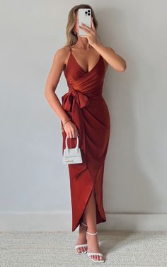 How Will I Know Dress in Copper | Showpo USA Copper Midi Dress, Sophisticated Wedding Guest Outfit, Rust Colored Wedding Guest Dress, Rust Color Dress Fall Wedding, 15 Guest Dresses, November Wedding Guest Dress Formal, Formal Quinceanera Guest, Wedding Guest Dress For Barn Wedding, Terracotta Wedding Dress Guest