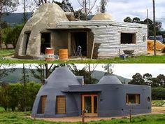 two pictures side by side of a house made out of cement