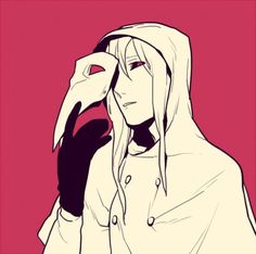 a drawing of a person with long hair and a hoodie over their head holding a bird