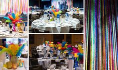 several pictures of colorful decorations and tables at a party