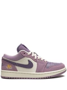 Air Jordan 1 Low IWD sneakers from JORDAN featuring purple, off-white, leather, panelled design, signature Swoosh logo detail, signature Jumpman motif, signature Air Jordan Wings logo, embroidered motif, text print, round toe, front lace-up fastening and flat sole. These styles are supplied by a premium sneaker marketplace. Stocking only the most sought-after footwear, they source and curate some of the most hard to find sneakers from around the world.. Jordan Low 1 Outfit Women, Nike Shoes Purple, Purple Jordans, Sneaker Concept, Jordan Lows, Nike Jordan 1 Low, Jordan 1 Lows, Jordan Wings, Jordan Low