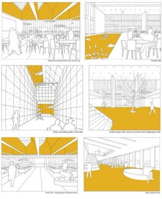 four different views of the interior of a building with yellow and white lines on it