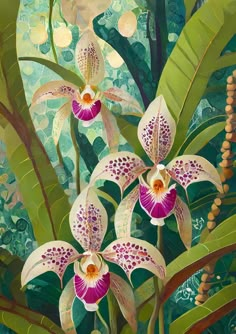 an oil painting of two orchids in the jungle with green leaves and blue sky behind them