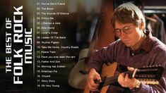 a man playing an acoustic guitar in front of a wall with the words folk rock on it