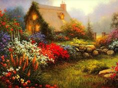 a painting of a cottage surrounded by flowers