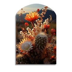 a cactus with lots of flowers in it