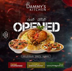 an advertisement for a restaurant called damy's kitchen, with chicken and rice