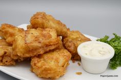 some fried food on a white plate with a small bowl of ranch dressing next to it