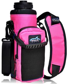 a pink and black water bottle bag with two bottles in the back, one is empty