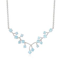 Ross-Simons - 6.90ct t. w. Sky Blue Topaz Vine Necklace in Silver. 18". On this unique necklace, 6.90 ct. t. w. sky blue topaz rounds garnish the tips of a sterling silver vine design. Emitting an angelic blue hue, the dispersed placement of the gems evokes a distinct elegance that will elevate all of your ensembles. Suspends from a rolo chain. Lobster clasp, sky blue topaz vine necklace. Blue Topaz birthstones are the perfect gift for December birthdays. Formal Light Blue Aquamarine Necklace, Fine Jewelry Aquamarine Light Blue Necklace, Fine Jewelry Light Blue Aquamarine Necklace, Light Blue Aquamarine Necklace Fine Jewelry, Elegant Light Blue Topaz Necklaces, Elegant Light Blue Topaz Necklace, Formal Light Blue Diamond Necklace, Light Blue Fine Jewelry Necklace For Formal Events, Light Blue Fine Jewelry Necklace For Formal Occasions