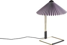 a purple lamp on a white background with a black base and a gold plated metal frame