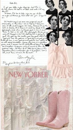 a collage of photos with pink boots and writing