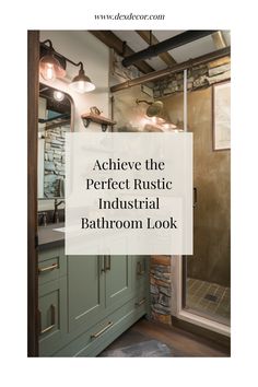 Rustic industrial bathroom with green cabinetry, stone accents, and exposed lighting. Bathroom Designs, Exposed Brick, Design Tips, Brick Wall