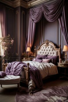 A spacious traditional bedroom with a velvety violet and taupe color scheme, featuring classic furniture, a four-poster bed with a plush blanket, landscape art, and antique sconces, creating a peaceful and romantic atmosphere. Vintage Bedroom Design Victorian, Antique Bedroom Ideas Victorian, Purple Victorian Bedroom, Violet Bedroom Ideas, Moody Purple Bedroom, Room Aesthetic White, Tranquility Room, Purple Cottage