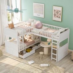 a child's bedroom with bunk beds and stairs