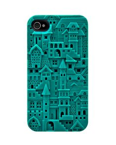 an iphone case with houses and buildings in blue on the front, against a white background