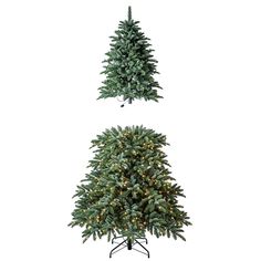 two christmas trees with lights on them are shown in three different positions, one is green and the other is white