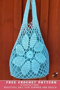 a crochet bag hanging on a door with the text free crochet pattern