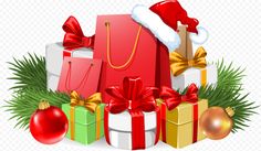 christmas shopping bags and presents with santa's hat on top, transparent png