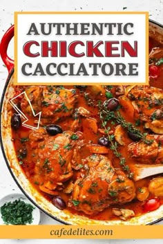 an image of authentic chicken cacciatore in a skillet with text overlay