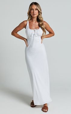 Lucas Midi Dress - Ruched Bust Linen Look Dress in White | Showpo USA White Stretch Midi Dress With Straight Neckline, White Ruched Midi Dress With Straight Neckline, White Midi Dress With Ruched Detail And Straight Neckline, White Scoop Neck Bodycon Dress, White Stretch Bodycon Dress With Straight Neckline, White Ruched Bodycon Dress For Summer, Casual White Maxi Dress With Straight Neckline, White Scoop Neck Casual Dress, Casual White Scoop Neck Dress