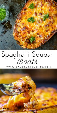 spaghetti squash boats with cheese and parsley on top