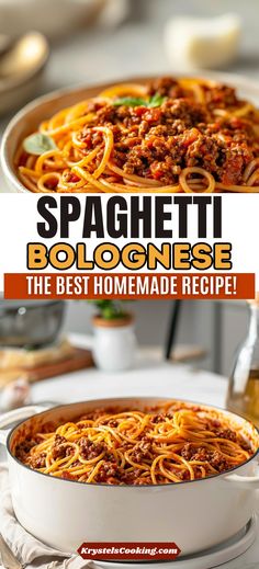 spaghetti bologinie recipe in a white bowl with the title space above it