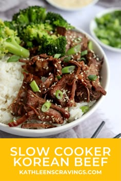 a bowl filled with beef and broccoli on top of rice