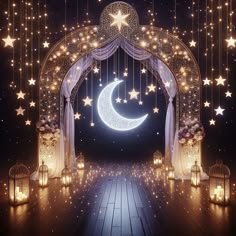 an archway decorated with stars and moon lights