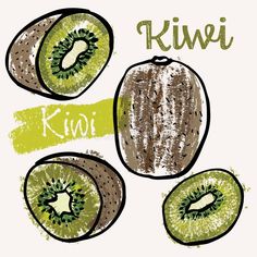 kiwi fruit with the word kiwi written in green and brown ink on a white background