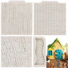 four different types of decorative wall tiles and molds for home decor, including a house