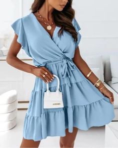 Lasaky - Frill Hem Belted Wrap Dress Short Casual Dresses, Holiday Fits, Belted Wrap Dress, Summer Outfits 2024, Outfit Primavera, Belted Shorts, Outfit Trends, Summer Styles, Dress With Tie