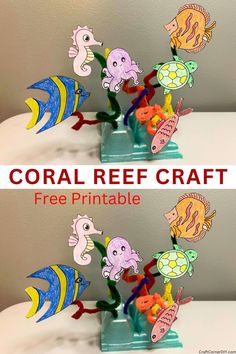 Coral reef craft made using an egg carton and free printable sea animals. Egg Carton Coral Reef, Great Barrier Reef Crafts For Kids, Coral Reef Craft For Kids, Under The Sea Craft, Ocean Awareness, Underwater Crafts, Shipwrecked Vbs, Ocean Art Projects