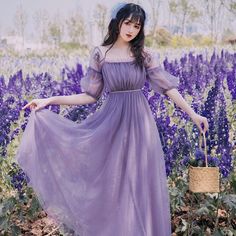 Romantic Vintage-Style Puff Sleeve Spring Dress in dark muted purple with empire waist, embroidered flower decoration and feminine silhouette. Size S Shoulders:36cm Bust:80cm Empire Waist:64cm Length:110cm Sleeve:29cm Size M Shoulders:37cm Bust:84cm Empire Waist:68cm Length:111cm Sleeve:30cm Size L: Shoulders:38cm Bust:88cm Empire Waist:72cm Length:112cm Sleeve:31cm Material: Polyester Vintage Princess Dress, Purple Long Dress, Spring Fairy, Mori Girl Fashion, Short Sleeve Summer Dresses, Cottagecore Fashion, Vintage Princess, Cottagecore Dress, Fairy Dress