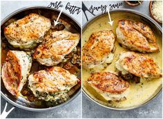 two pictures showing how to cook chicken in a skillet