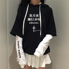 Black harajuku hooded fleece SE8917 #grungeoutfits #FashionTrendsGrunge Look Grunge, Korean Fashion Trends, Ulzzang Fashion, Kawaii Clothes, Edgy Outfits, Korean Outfits, Style Outfits, Kawaii Fashion